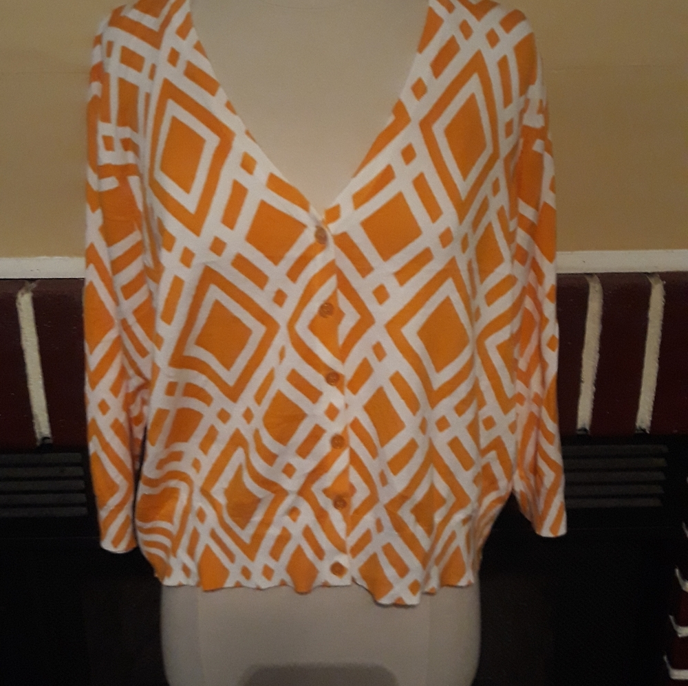 Ashley Stewart Yellow Diamond Patterned Cropped Cardigan Sweater